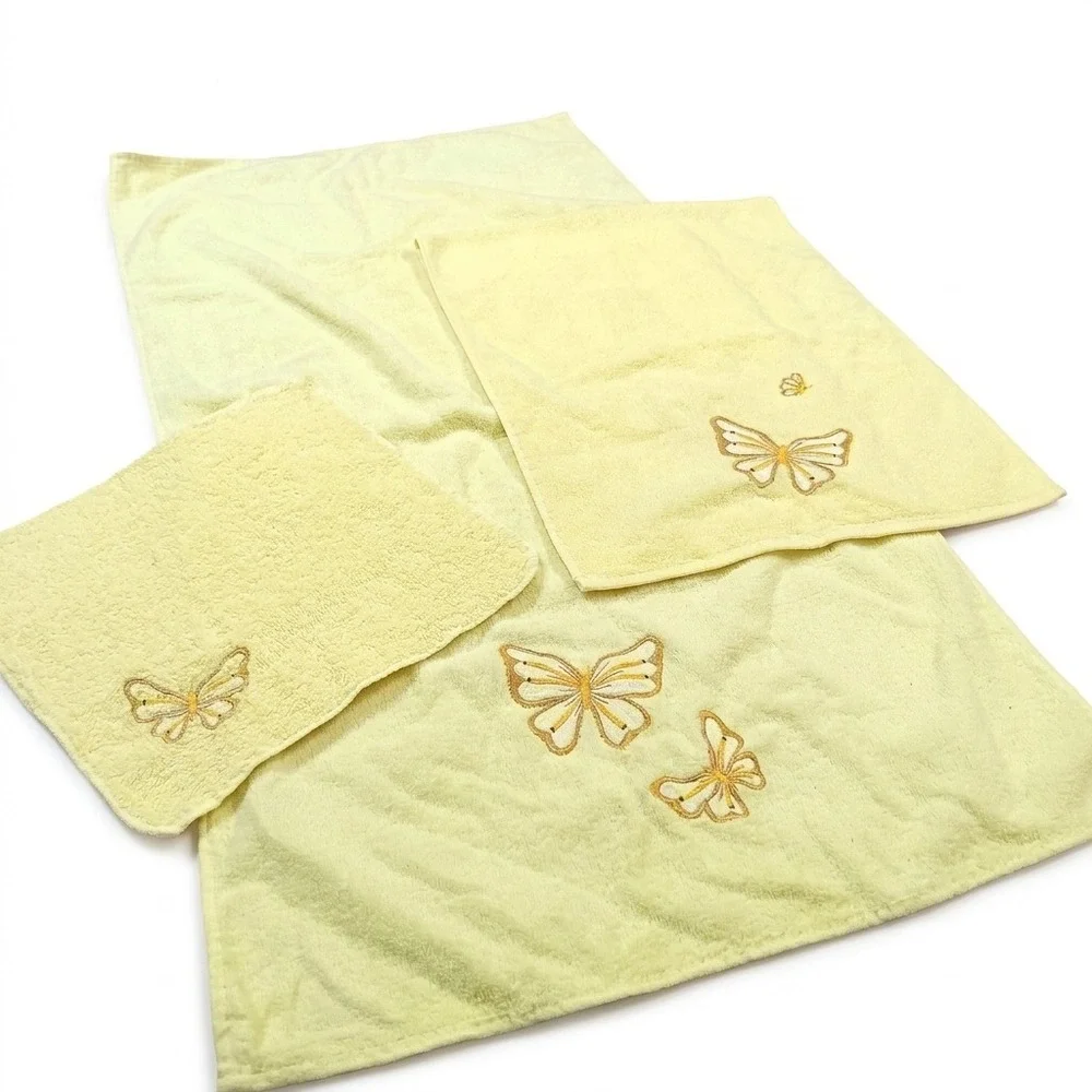 Vintage Yellow‎ Butterfly CANNON Bathroom Towel Set 3 Pieces Made in USA Retro
